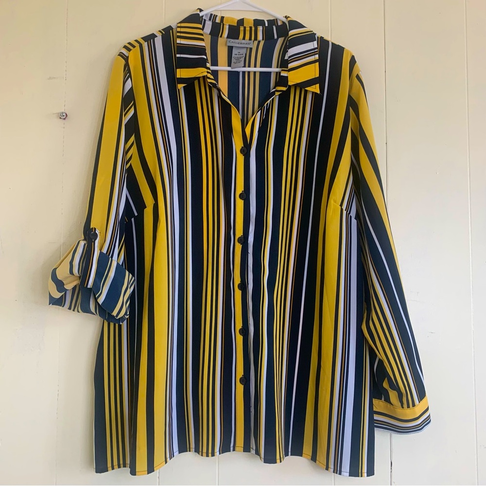 CATHERINES Yellow Striped Roll Up Sleeve Button Down Shirt Blouse Top Size 1X.